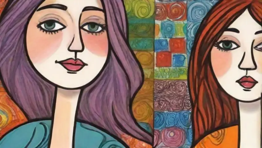 Figuras dinámicas y coloridas con expresiones audaces y fondos texturizados, creando una composición vívida y emocional