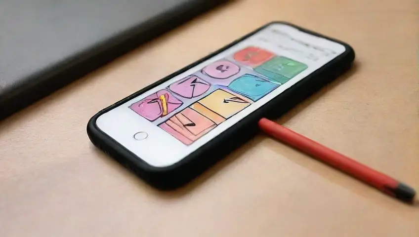 Dibujo de un smartphone con líneas vibrantes, sombras intrincadas, gradientes suaves y detalles organizados que guían la vista
