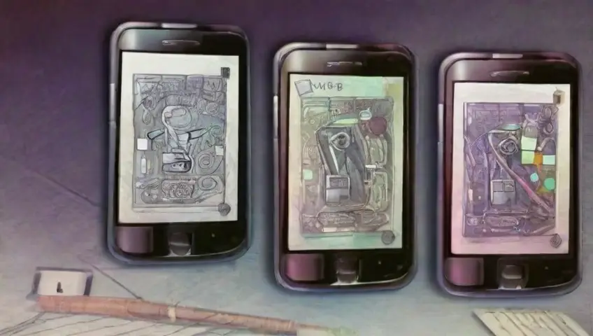 Un smartphone en el centro rodeado de íconos vibrantes y textos, en una composición equilibrada de texturas y sombras